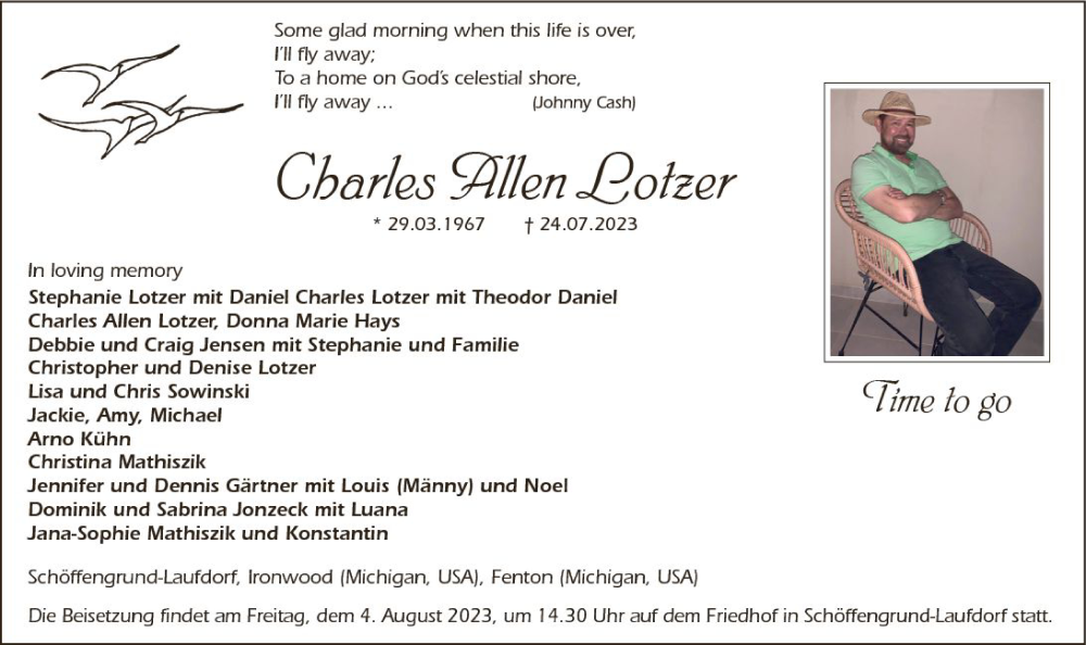  Traueranzeige für Charles Allen Lotzer vom 29.07.2023 aus Wetzlarer Neue Zeitung