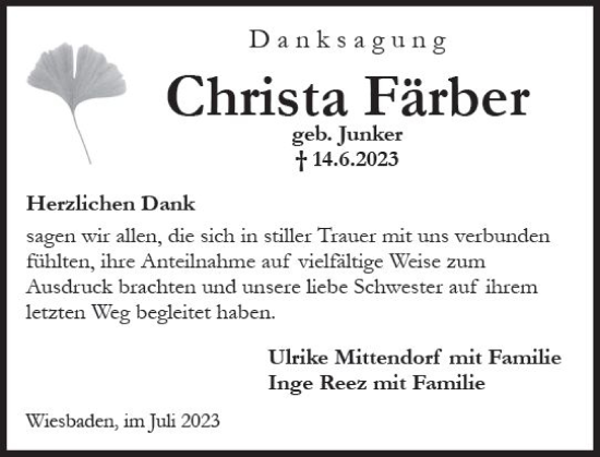 Traueranzeige von Christa Färber von Wiesbadener Kurier