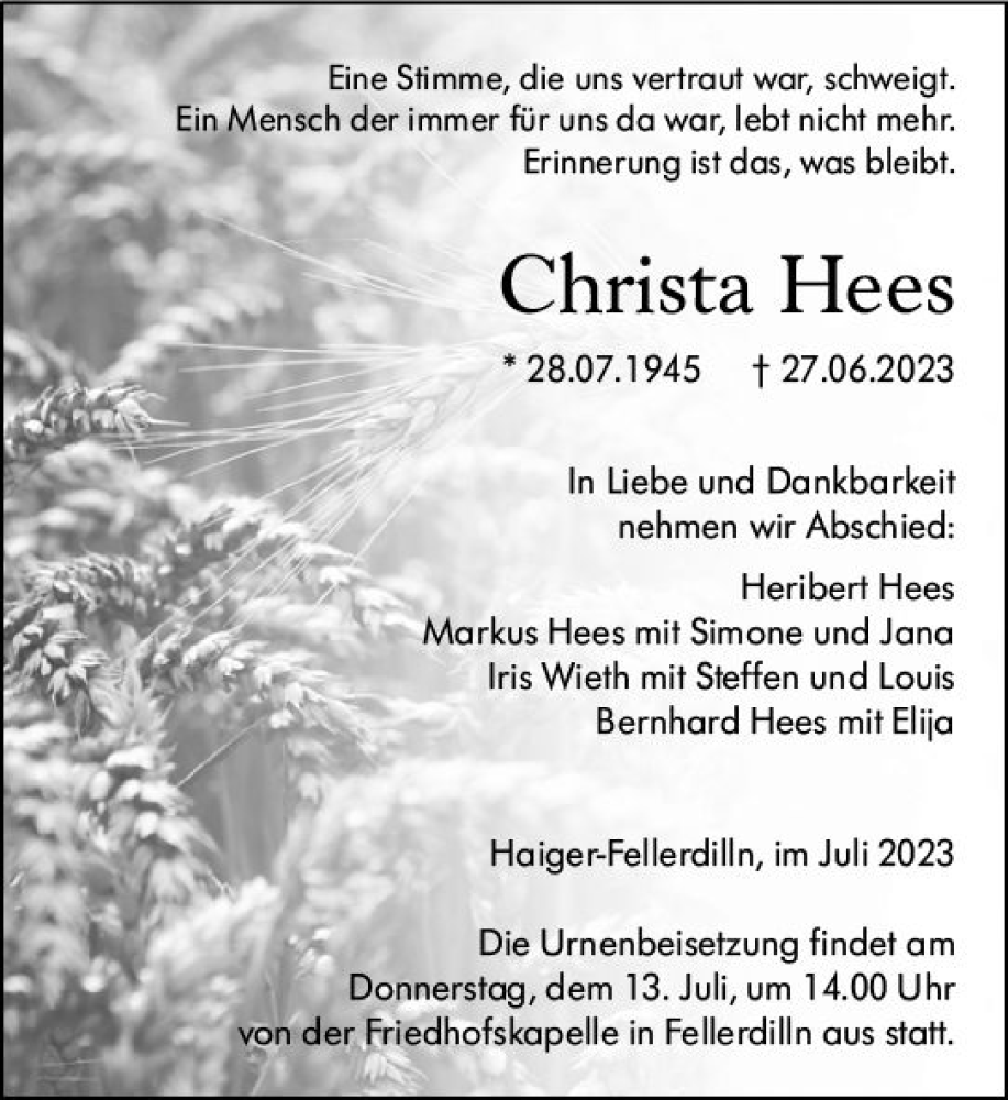  Traueranzeige für Christa Hees vom 10.07.2023 aus Dill Block