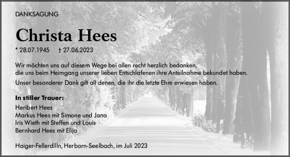  Traueranzeige für Christa Hees vom 22.07.2023 aus Dill Block