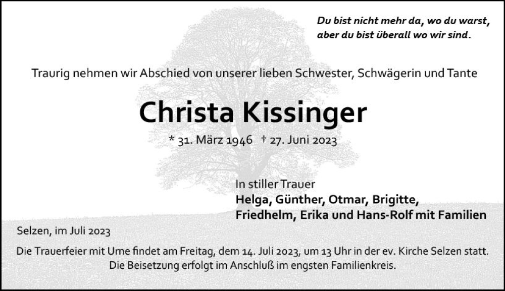  Traueranzeige für Christa Kissinger vom 08.07.2023 aus Allgemeine Zeitung Mainz