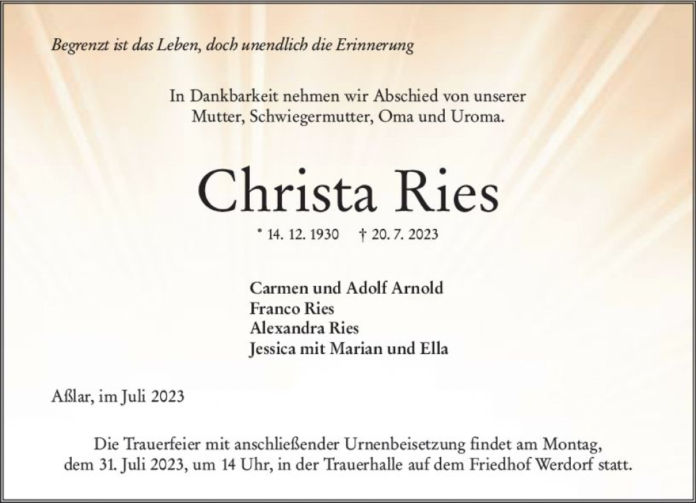  Traueranzeige für Christa Ries vom 29.07.2023 aus Wetzlarer Neue Zeitung