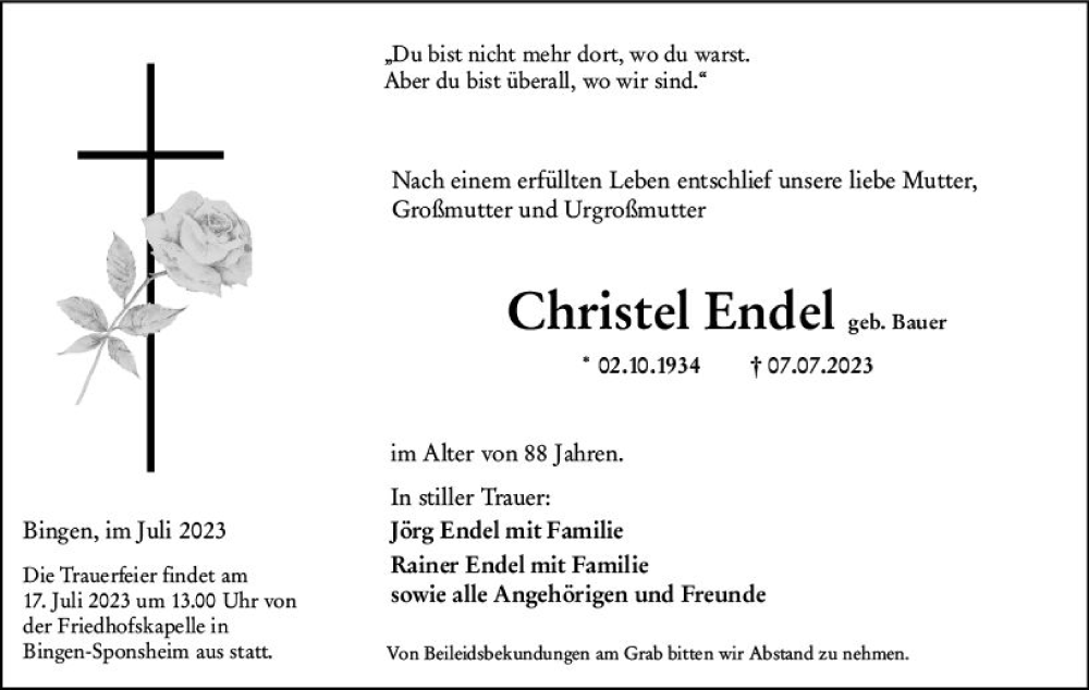  Traueranzeige für Christel Endel vom 13.07.2023 aus Allgemeine Zeitung Bingen/Ingelheim
