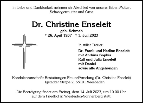 Traueranzeige von Christine Enseleit von Wiesbadener Kurier