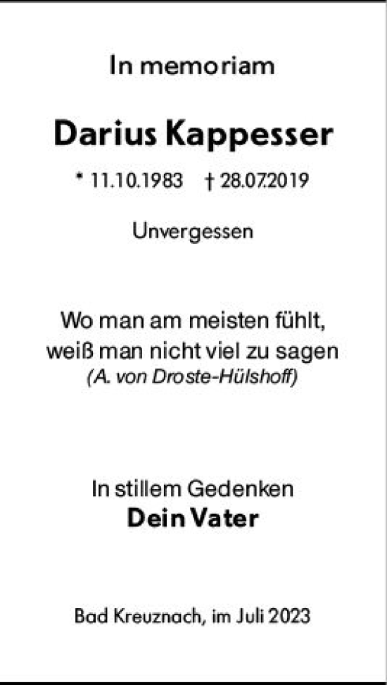 Traueranzeige von Darius Kappesser von Allgemeine Zeitung Bingen/Ingelheim