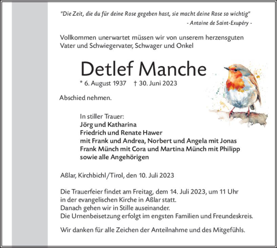 Traueranzeige von Detlef Manche von Wetzlarer Neue Zeitung