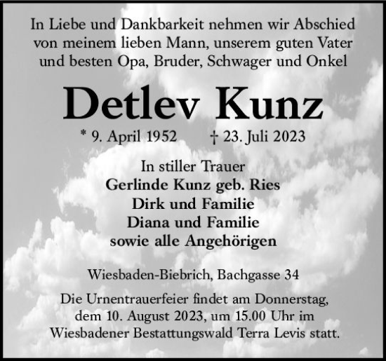 Traueranzeige von Detlev Kunz von Wiesbadener Kurier