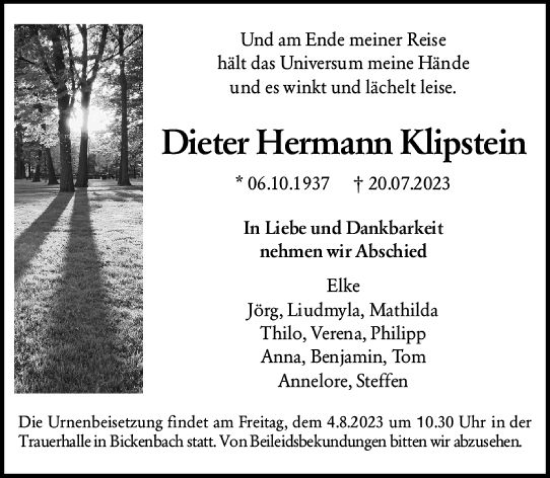 Traueranzeige von Dieter Hermann Klipstein von Darmstädter Echo
