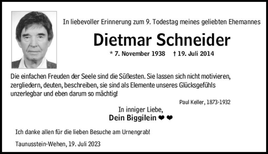 Traueranzeige von Dietmar Schneider von Wiesbadener Kurier