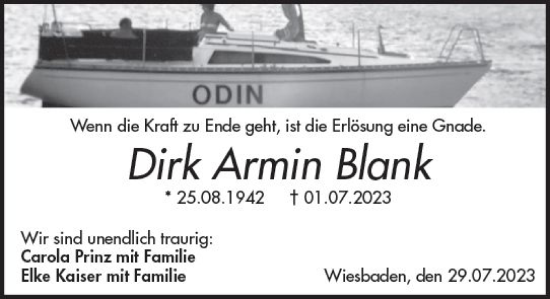 Traueranzeige von Dirk Armin Blank von Wiesbadener Kurier