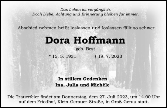 Traueranzeige von Dora Hoffmann von Groß-Gerauer Echo