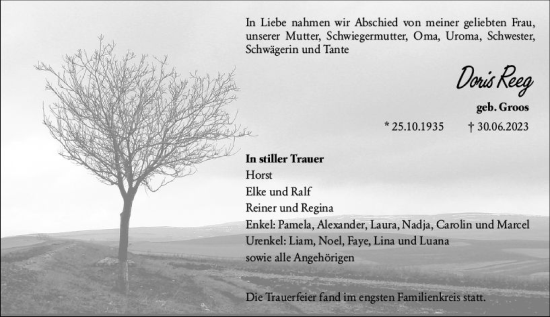 Traueranzeige von Doris Reeg von Wiesbadener Kurier