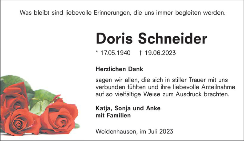  Traueranzeige für Doris Schneider vom 19.07.2023 aus Hinterländer Anzeiger