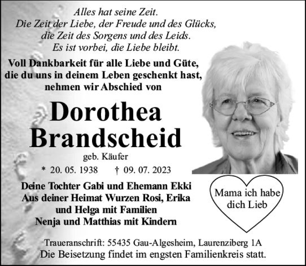  Traueranzeige für Dorothea Brandscheid vom 22.07.2023 aus Bingen/Ingelheim WOBL inkl. Neue Binger Ztg.