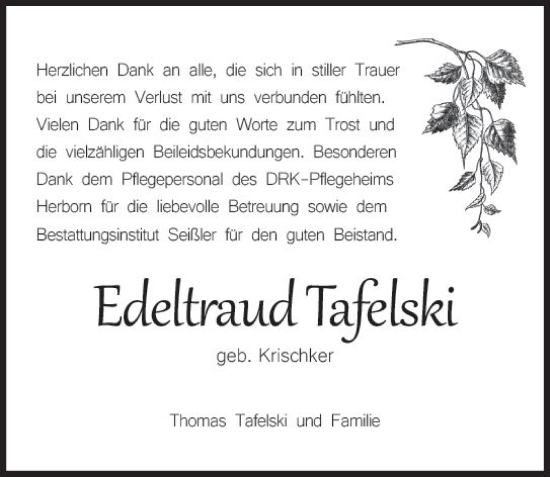Traueranzeige von Edeltraud Tafelski von Dill Block