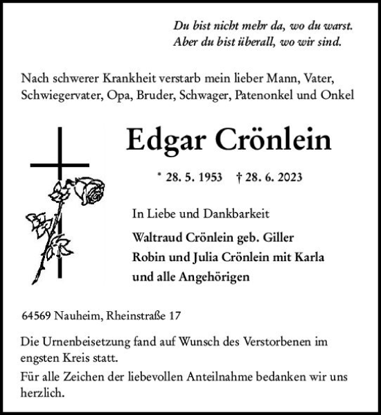 Traueranzeige von Edgar Crönlein von Groß-Gerauer Echo