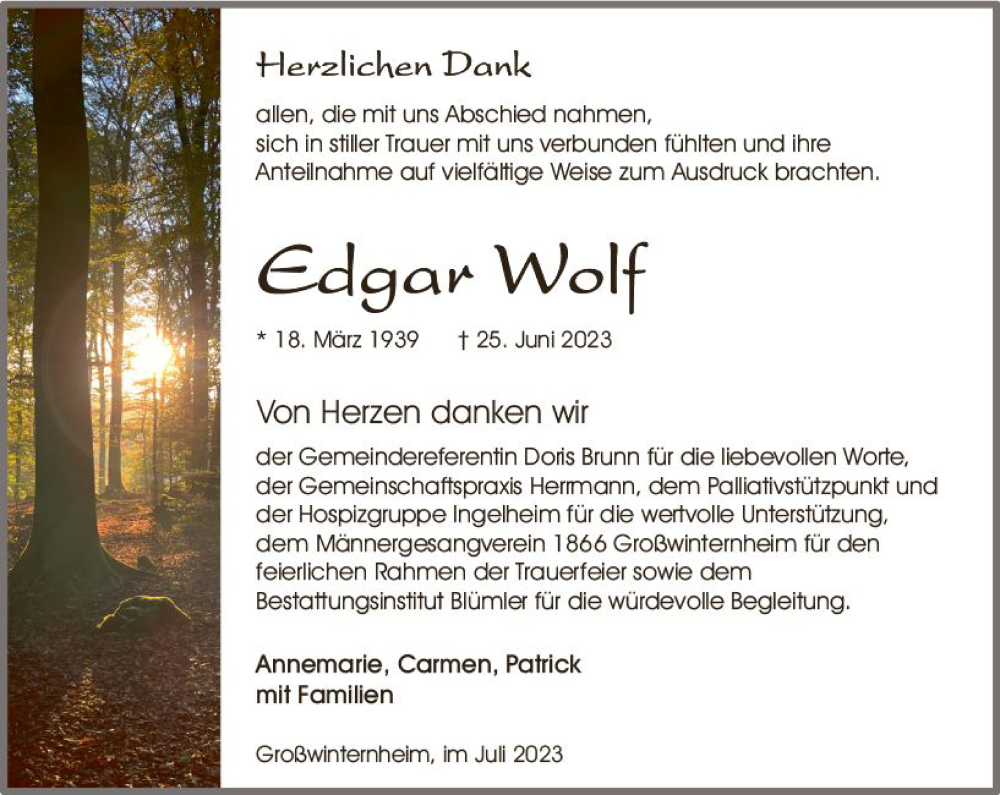  Traueranzeige für Edgar Wolf vom 22.07.2023 aus Allgemeine Zeitung Bingen/Ingelheim