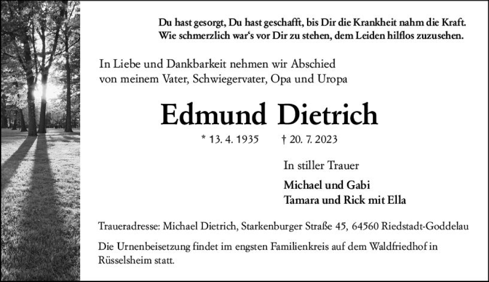  Traueranzeige für Edmund Dietrich vom 29.07.2023 aus Rüsselsheimer Echo