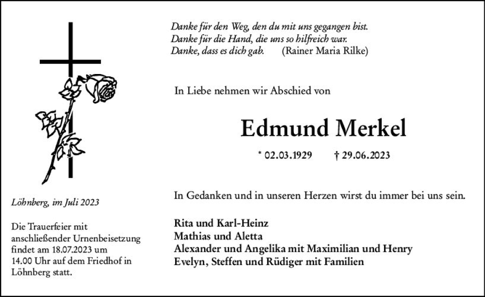  Traueranzeige für Edmund Merkel vom 14.07.2023 aus Weilburger Tageblatt