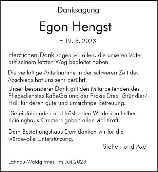 Traueranzeige von Egon Hengst von Wetzlarer Neue Zeitung