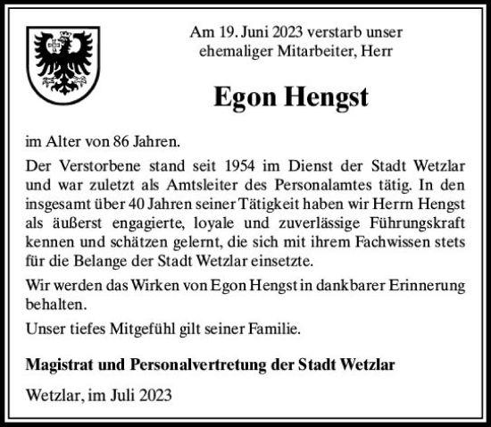 Traueranzeige von Egon Hengst von Wetzlarer Neue Zeitung