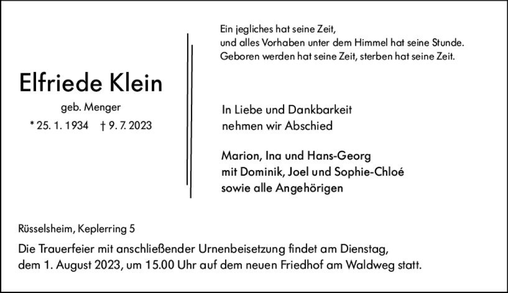  Traueranzeige für Elfriede Klein vom 22.07.2023 aus Rüsselsheimer Echo