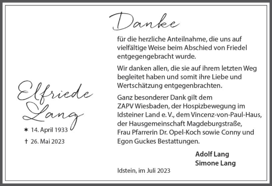 Traueranzeige von Elfriede Lang von Idsteiner Land/Untertaunus