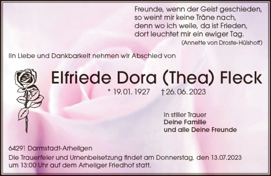 Traueranzeige von Elfriede Dora Fleck von Darmstädter Echo