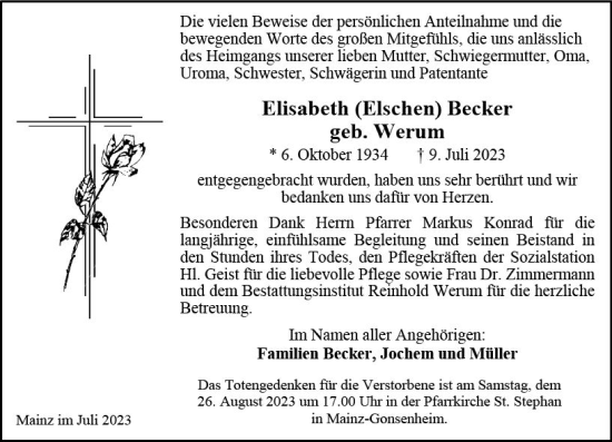 Traueranzeige von Elisabeth Becker von Allgemeine Zeitung Mainz