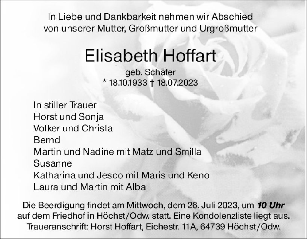  Traueranzeige für Elisabeth Hoffart vom 22.07.2023 aus Odenwälder Echo