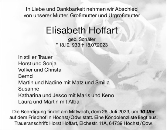 Traueranzeige von Elisabeth Hoffart von Odenwälder Echo