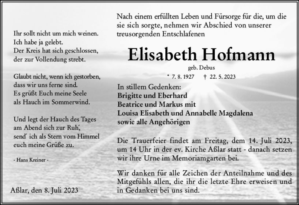  Traueranzeige für Elisabeth Hofmann vom 08.07.2023 aus Wetzlarer Neue Zeitung