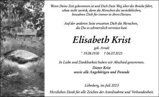 Traueranzeige von Elisabeth Krist von Weilburger Tageblatt