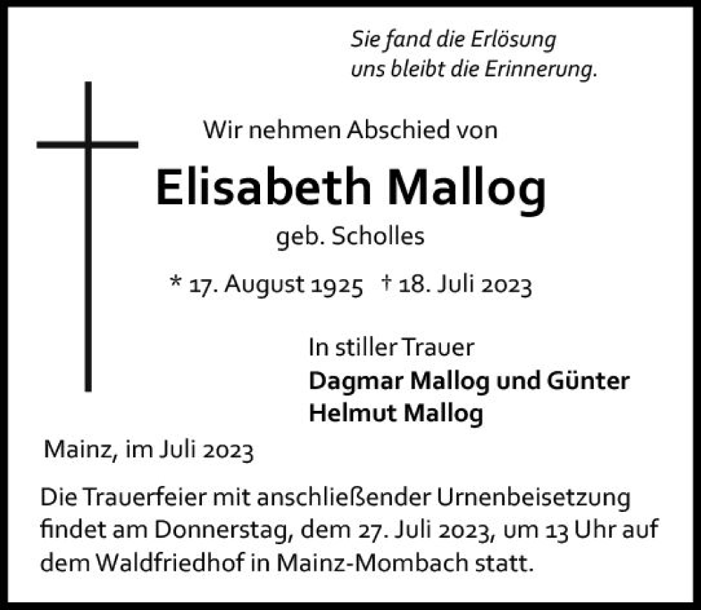  Traueranzeige für Elisabeth Mallog vom 22.07.2023 aus Allgemeine Zeitung Mainz