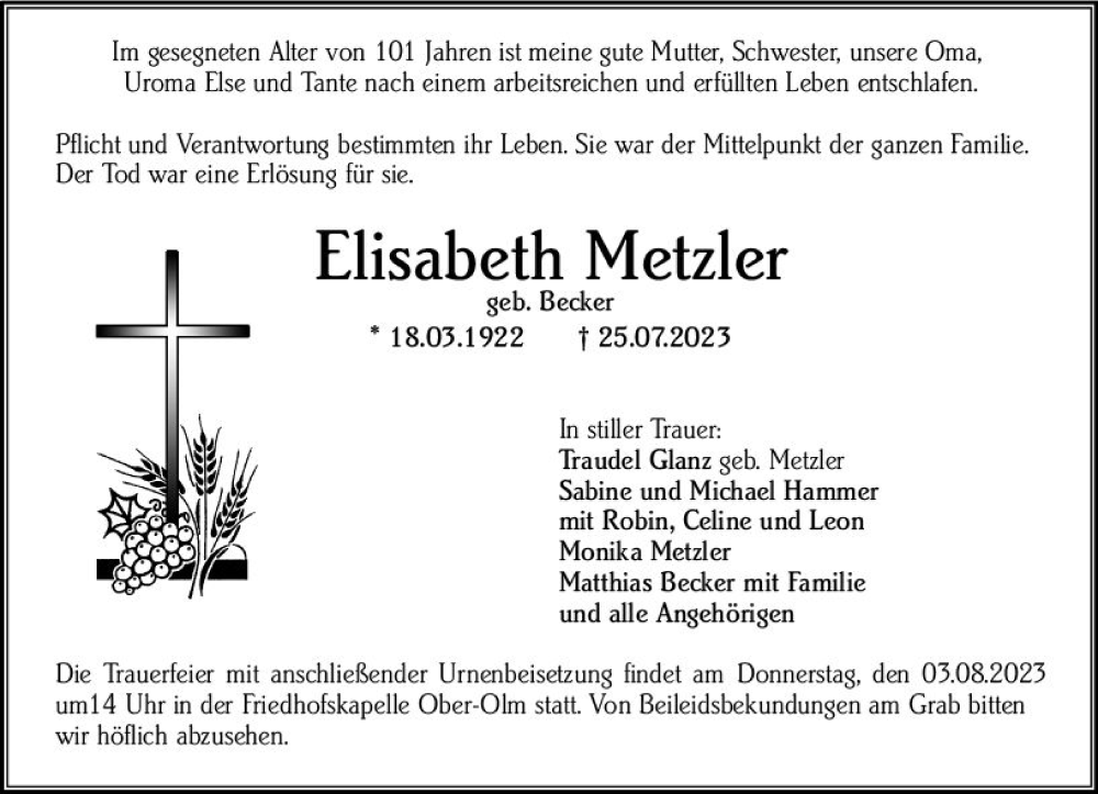  Traueranzeige für Elisabeth Metzler vom 29.07.2023 aus Allgemeine Zeitung Mainz