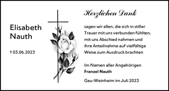 Traueranzeige von Elisabeth Nauth von Allgemeine Zeitung Alzey