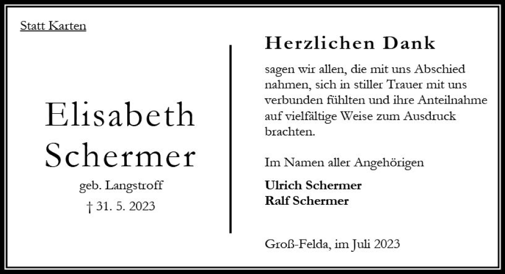  Traueranzeige für Elisabeth Schermer vom 08.07.2023 aus Oberhessen Kurier