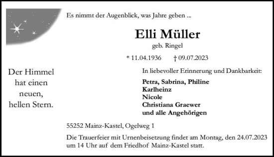 Traueranzeige von Elli Müller von Wiesbadener Kurier