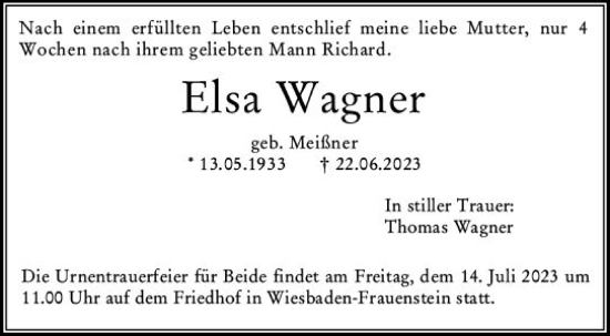 Traueranzeige von Elsa Wagner von Wiesbadener Kurier