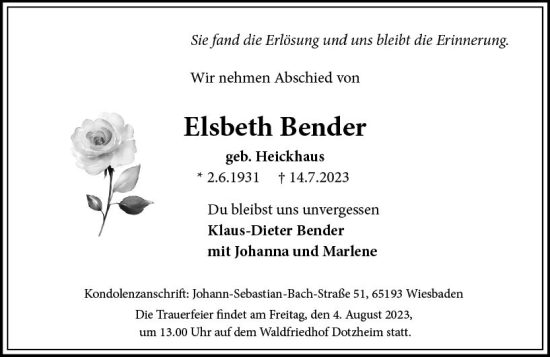 Traueranzeige von Elsbeth Bender von Wiesbadener Kurier