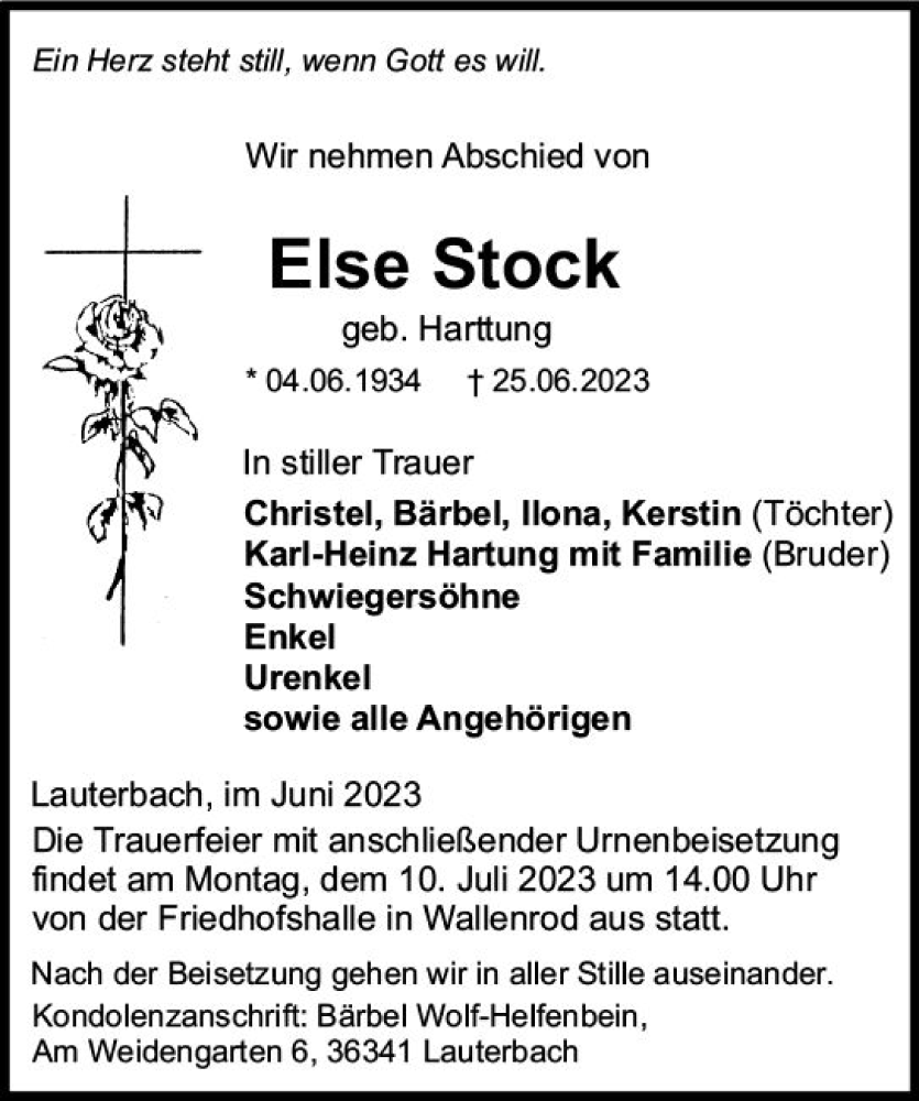  Traueranzeige für Else Stock vom 05.07.2023 aus VRM Trauer