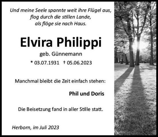 Traueranzeige von Elvira Philippi von Dill Block