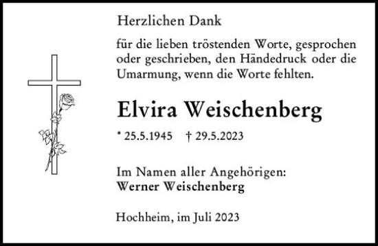 Traueranzeige von Elvira Weischenberg von Hochheimer Zeitung