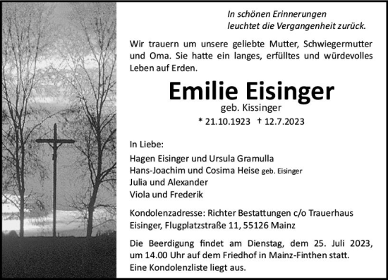 Traueranzeige von Emilie Eisinger von Allgemeine Zeitung Mainz