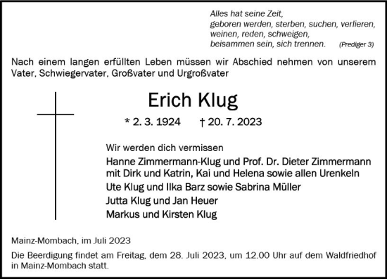 Traueranzeige von Erich Klug von Allgemeine Zeitung Mainz