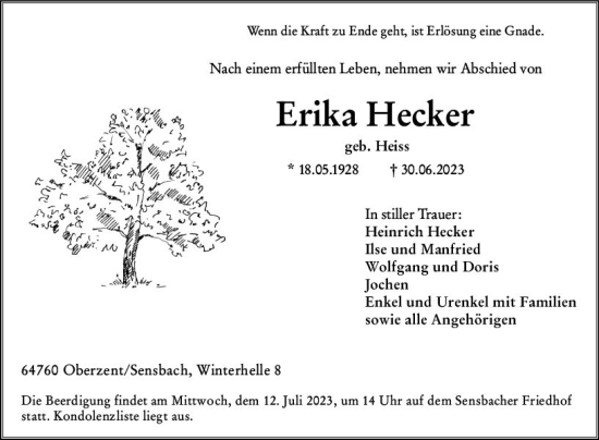 Traueranzeige von Erika Hecker von Odenwälder Echo