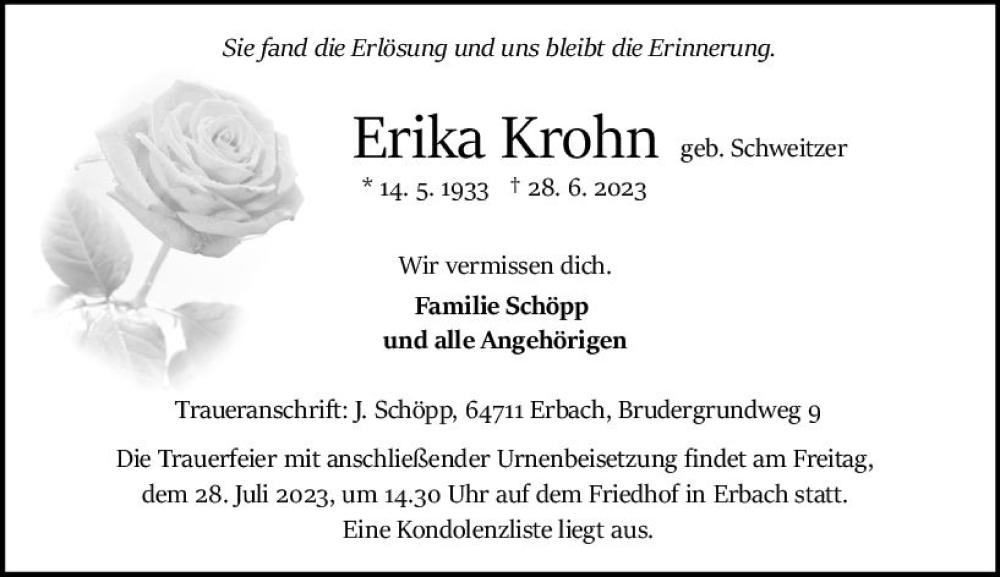  Traueranzeige für Erika Krohn vom 22.07.2023 aus Odenwälder Echo