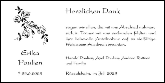 Traueranzeige von Erika Paulien von Rüsselsheimer Echo