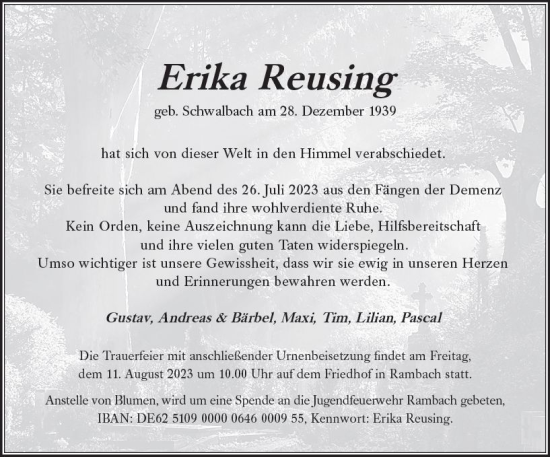 Traueranzeige von Erika Reusing von Wiesbadener Kurier