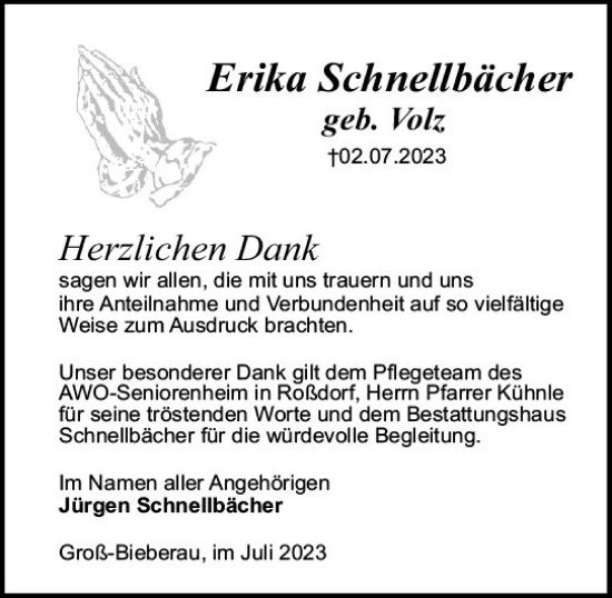 Traueranzeige von Erika Schnellbächer von Darmstädter Echo